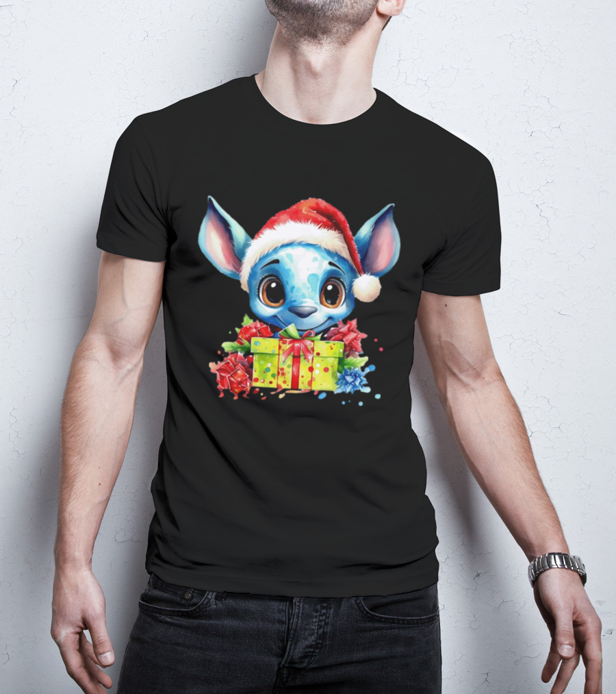 Santa Stitch Holiday Cheer With Christmas Present And Santa Hat T-Shirt