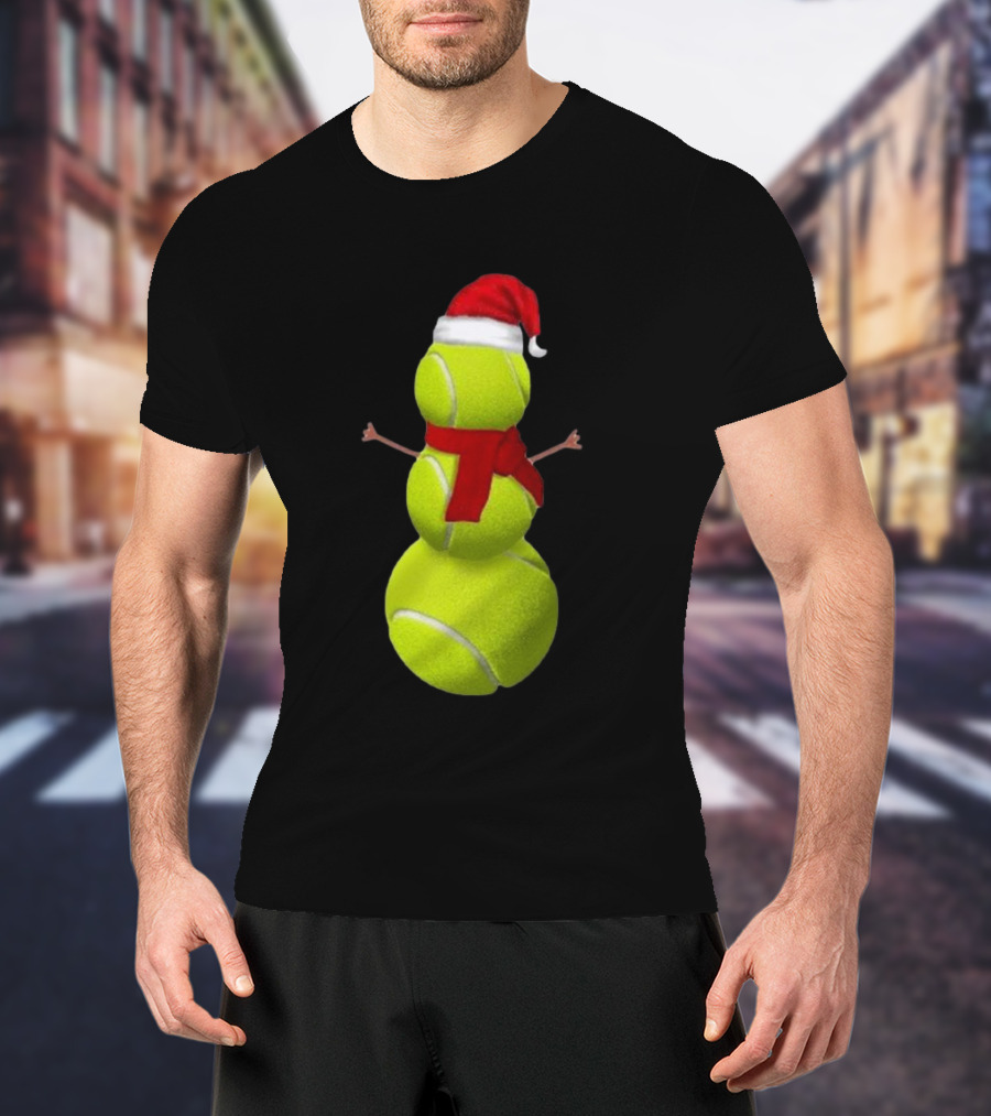 Tennis Ball Snowman With Santa Hat And Scarf Merry Christmas T-Shirt
