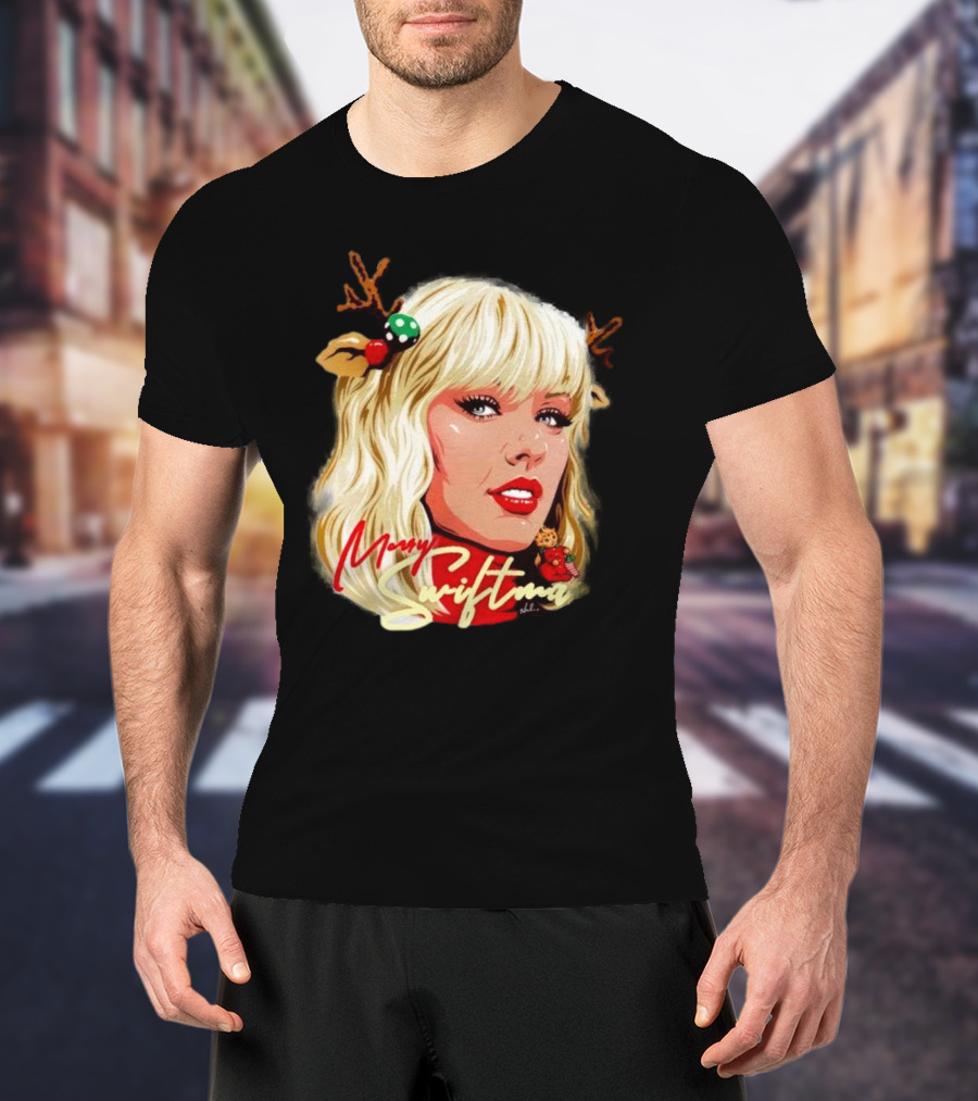 Merry Swiftmas Christmas Reindeer Antlers Bluscious Red Lips Holiday T-Shirt