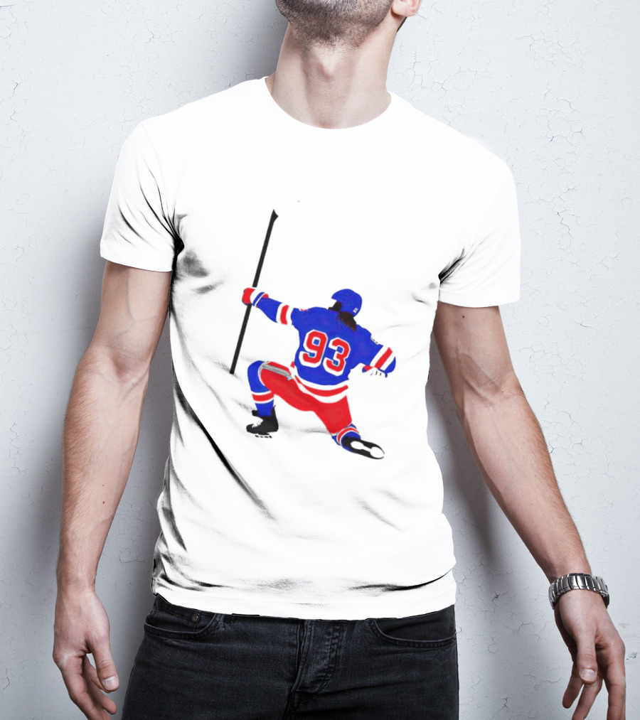 Mika Zibanejad Number 93 Hockey Celebration Iconic Bowing Pose T-Shirt