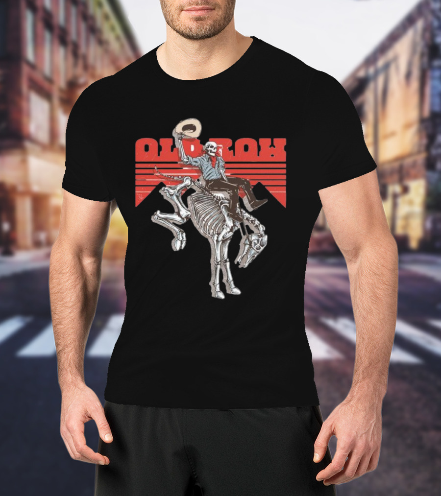Old Row Skeleton Cowboy Riding A Skeleton Horse With Red Background Stripes T-Shirt