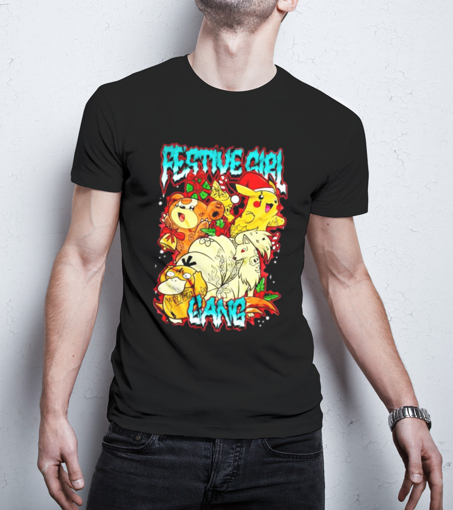Festive Girl Gang Pokémon Pikachu Psyduck Clefairy Vulpix Christmas T-Shirt