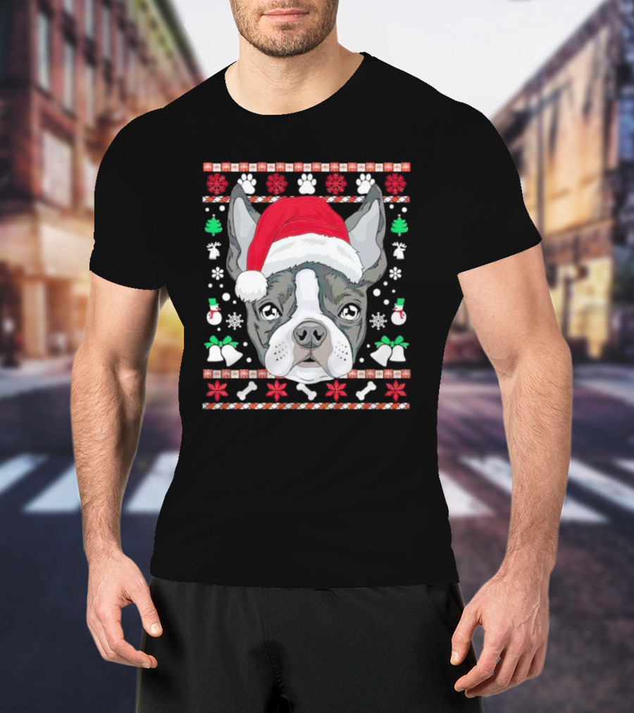 Santa Boston Terrier Ugly Christmas Sweater Paws Bells Snowflakes T-Shirt