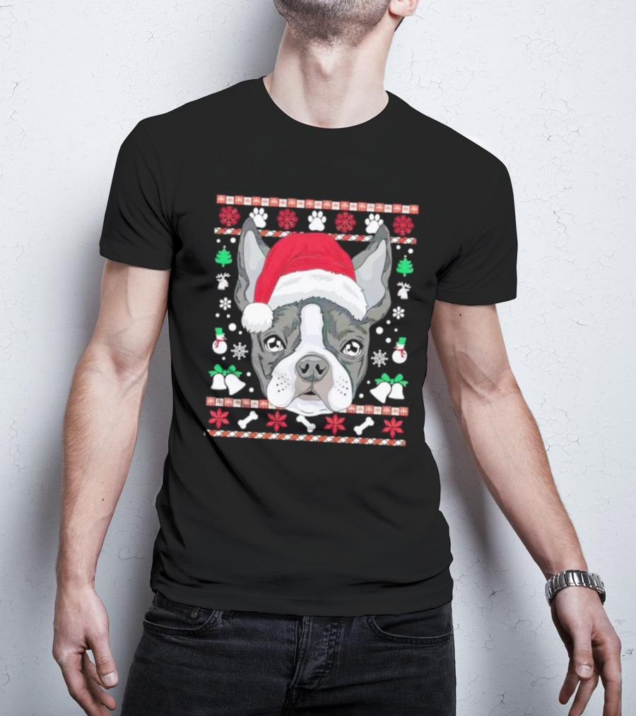 Santa Boston Terrier Ugly Christmas Sweater Paws Bells Snowflakes T-Shirt