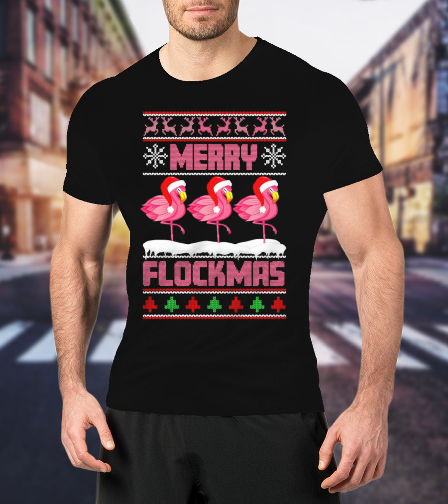 Merry Flockmas Christmas Santa Flamingo Trio Holiday T-Shirt
