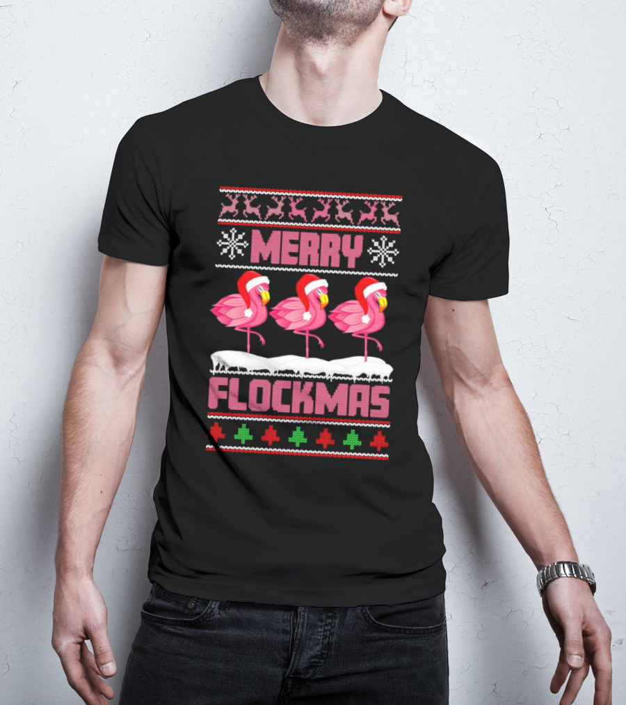 Merry Flockmas Christmas Santa Flamingo Trio Holiday T-Shirt