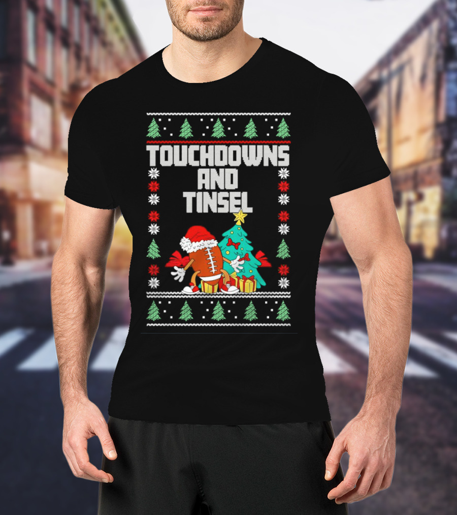 Touchdowns And Tinsel Christmas Football Santa With Tree And Gifts T-Shirt