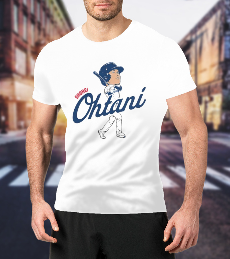 Shohei Ohtani Baseball Caricature With Blue Helmet And Batting Pose T-Shirt