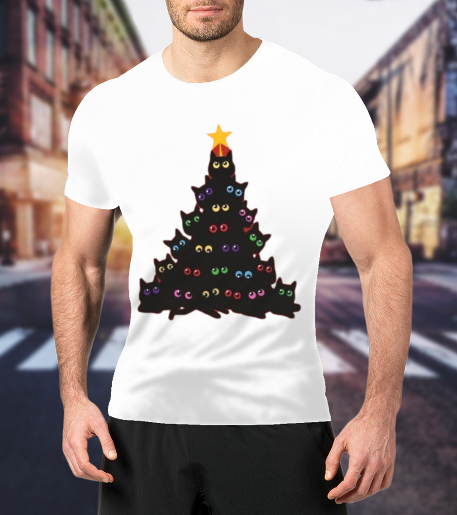 Cat Christmas Tree With Colorful Eyes And Star Top T-Shirt