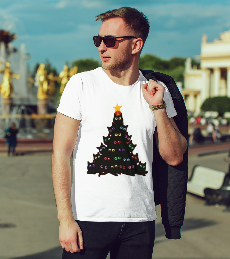 Cat Christmas Tree With Colorful Eyes And Star Top T-Shirt