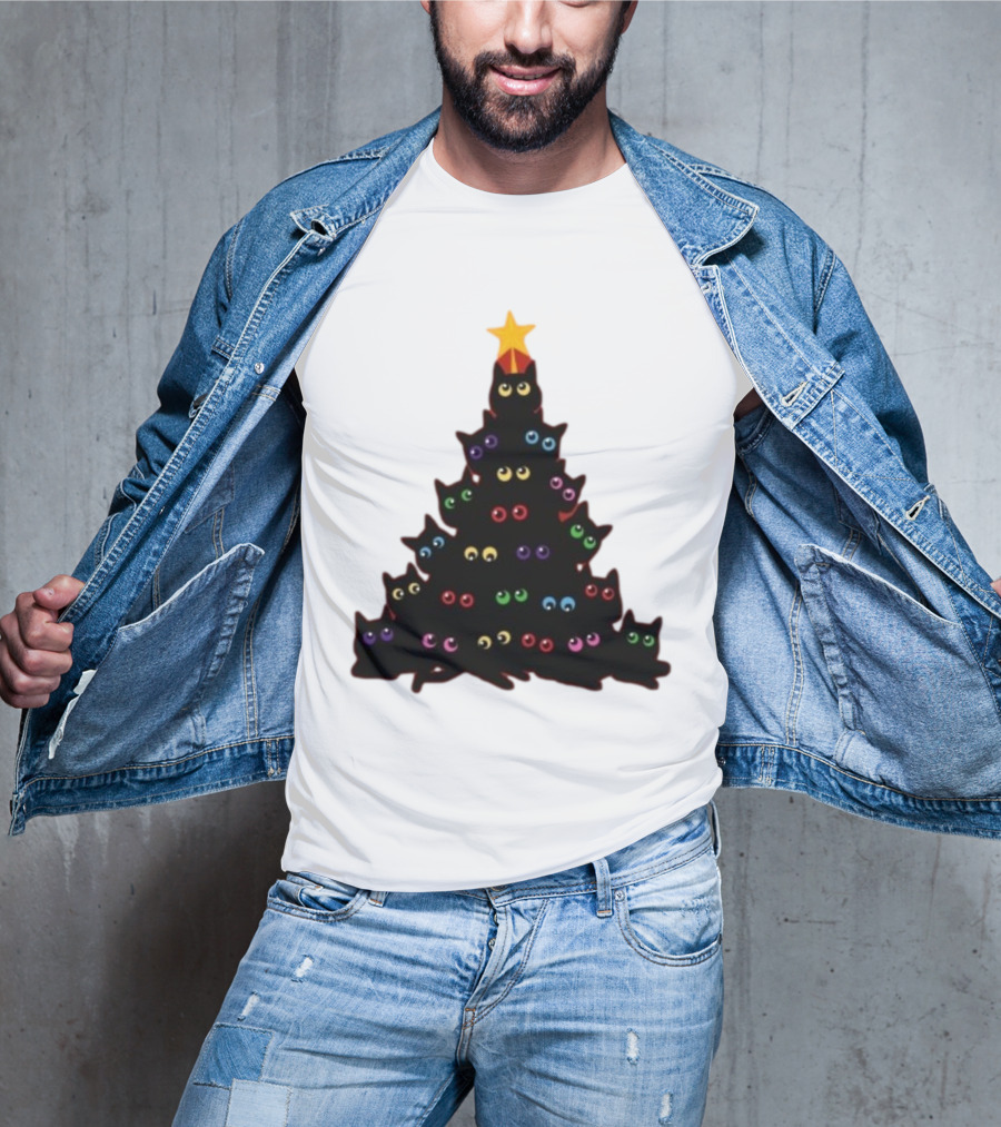 Cat Christmas Tree With Colorful Eyes And Star Top T-Shirt