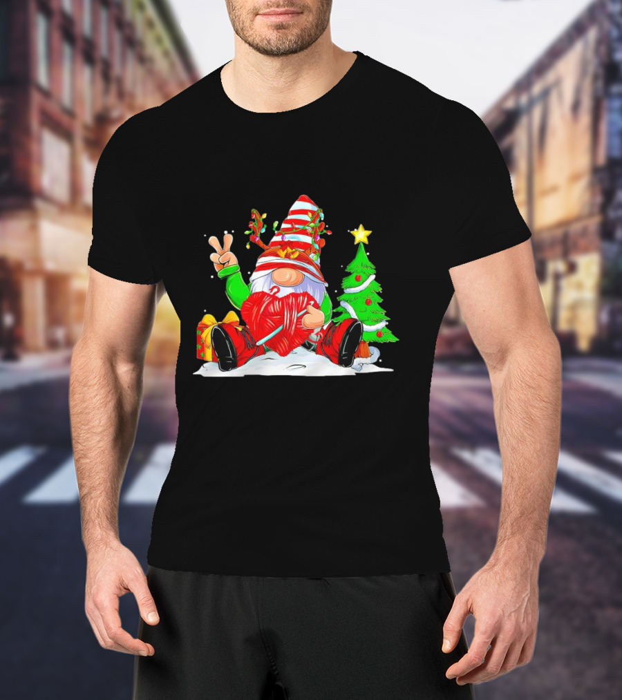 Gnome Love Peace Christmas Crochet Yarn Tree T-Shirt