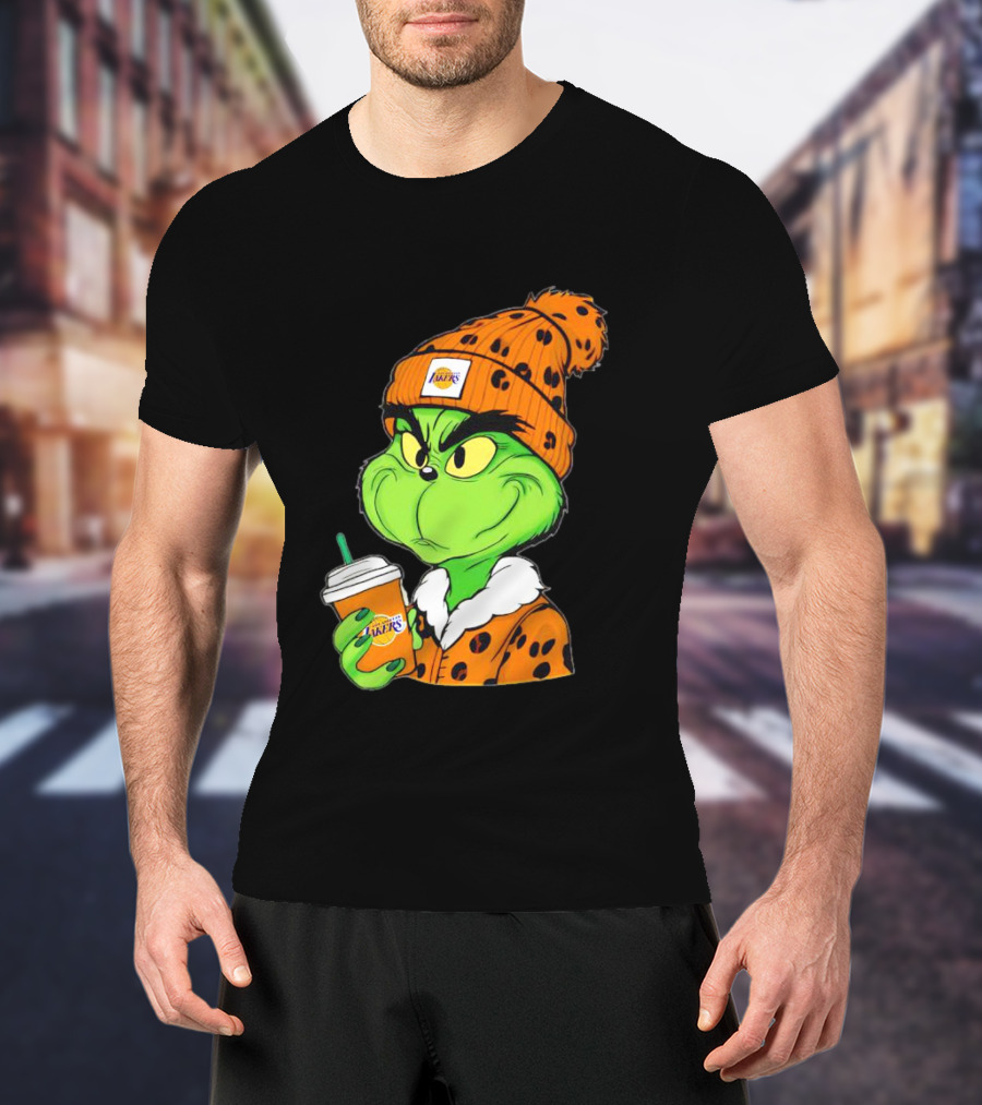 Grinch Drinking Los Angeles Lakers Cup Wearing Beanie T-Shirt