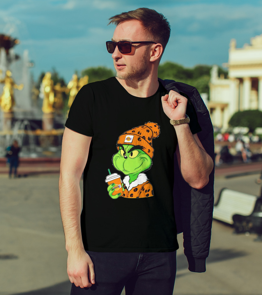 Grinch Drinking Los Angeles Lakers Cup Wearing Beanie T-Shirt