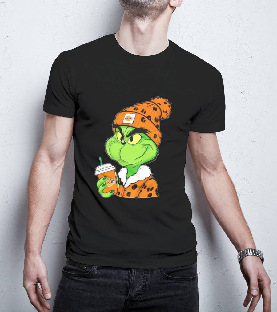 Grinch Drinking Los Angeles Lakers Cup Wearing Beanie T-Shirt