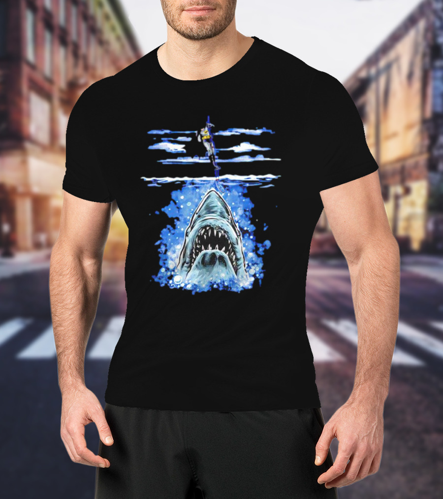 Jaws Batman Shark Repellent Hanging Above Menacing Shark T-Shirt