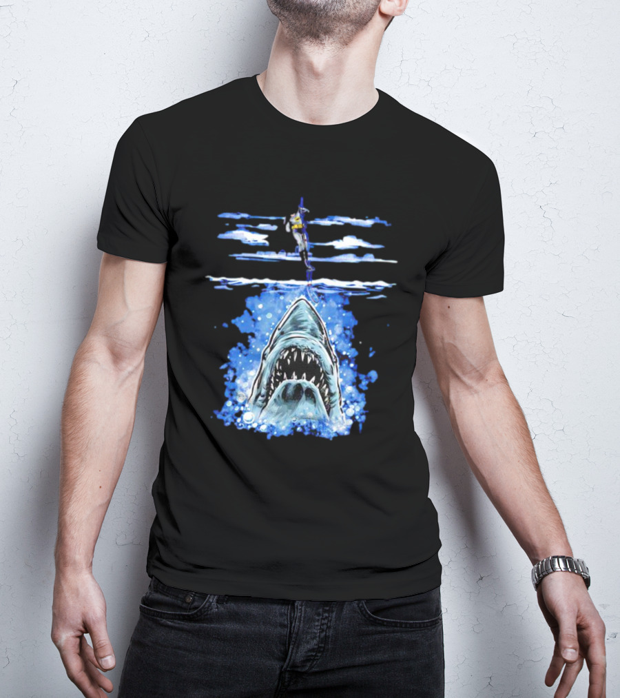 Jaws Batman Shark Repellent Hanging Above Menacing Shark T-Shirt