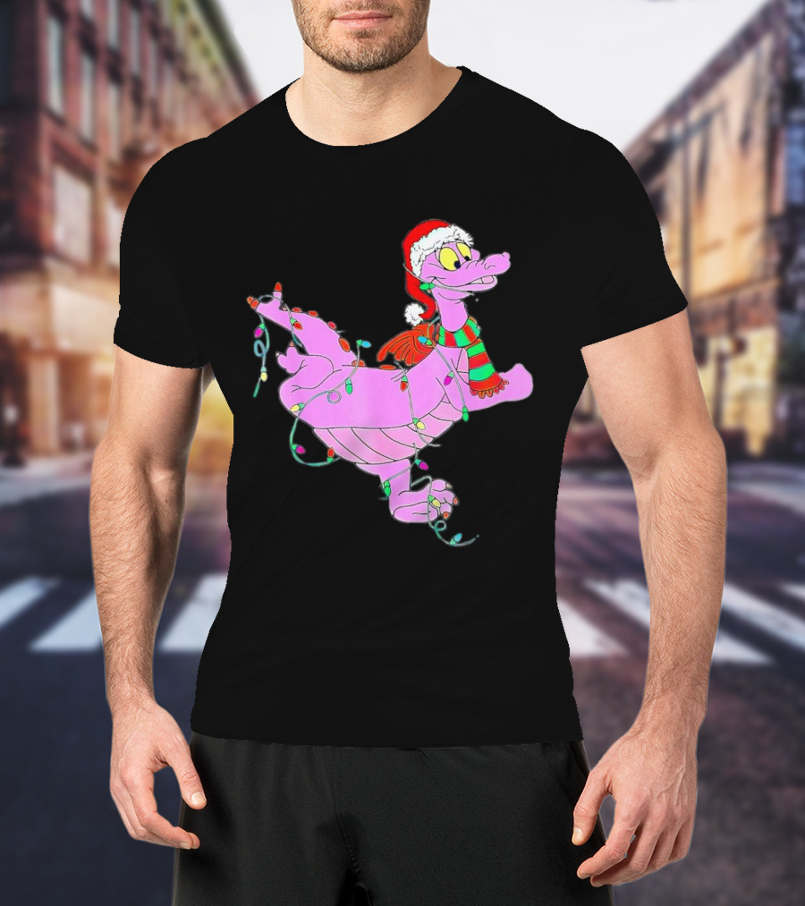 Dragon Figment In Santa Hat Wrapped In Christmas Lights T-Shirt