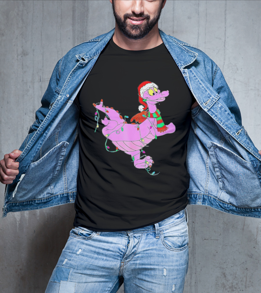 Dragon Figment In Santa Hat Wrapped In Christmas Lights T-Shirt