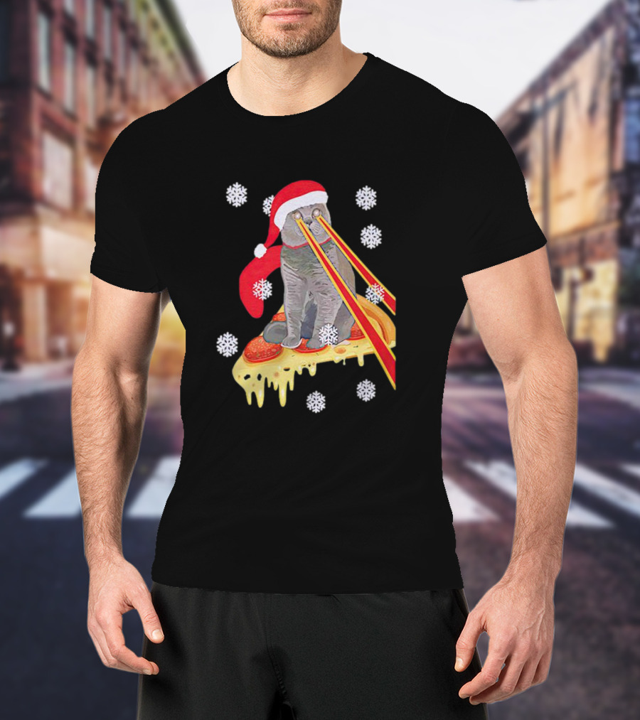Santa Cat With Laser Eyes On Cheesy Pizza Snowflakes T-Shirt