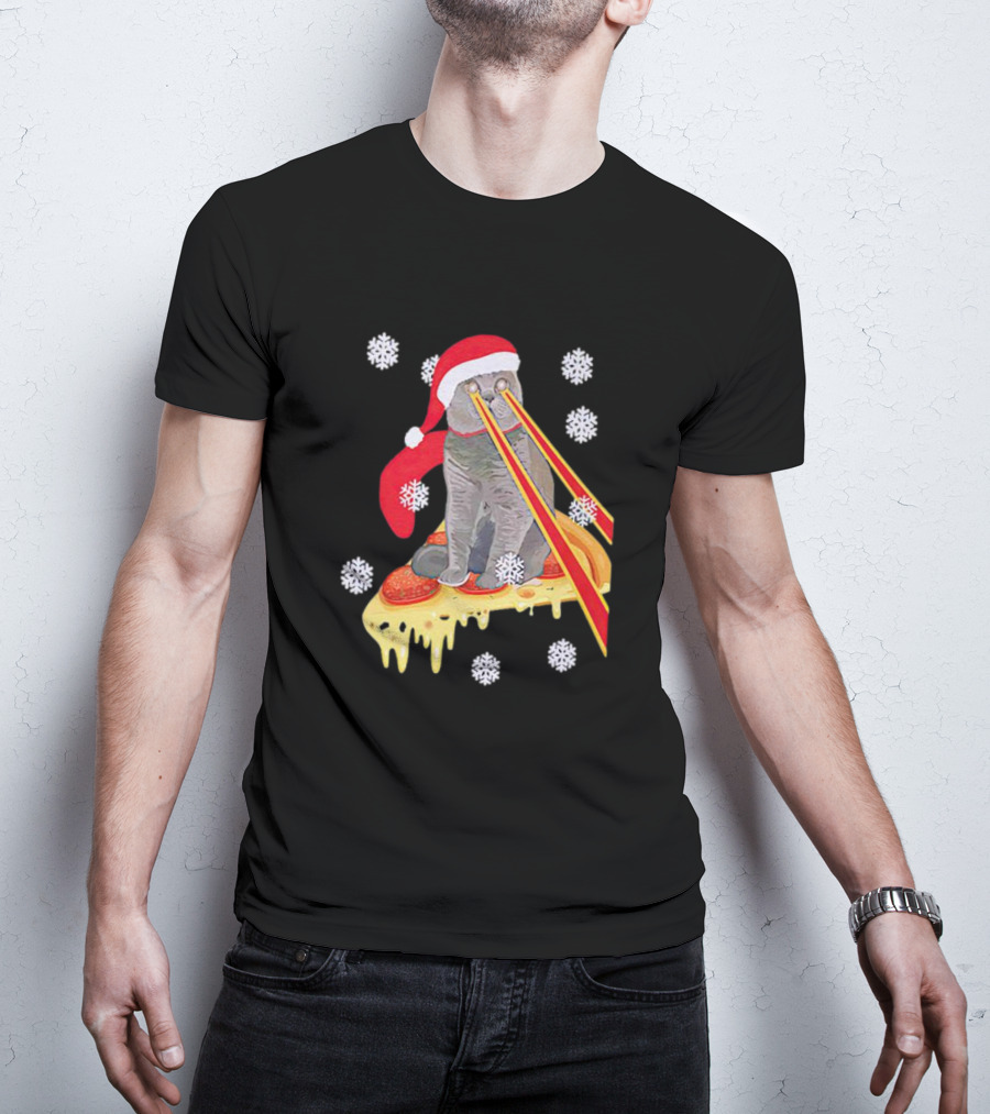 Santa Cat With Laser Eyes On Cheesy Pizza Snowflakes T-Shirt