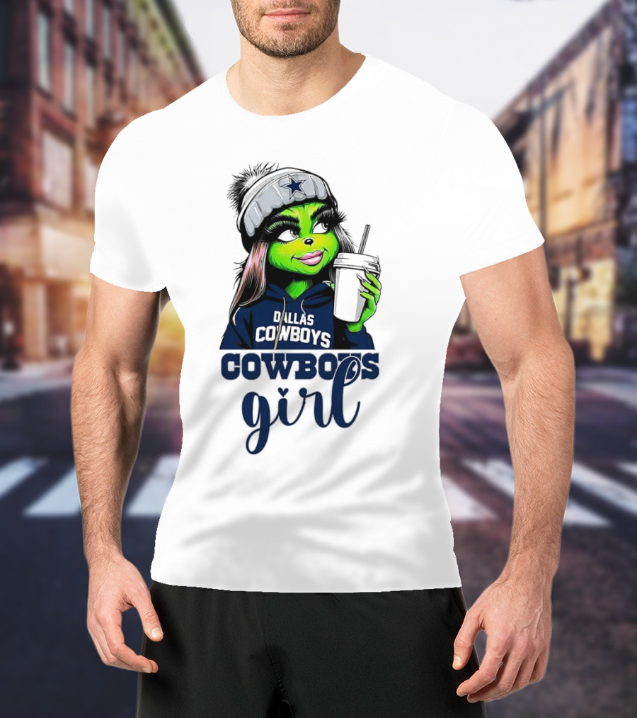 Grinch Dallas Cowboys Girl Drinking Coffee T-Shirt