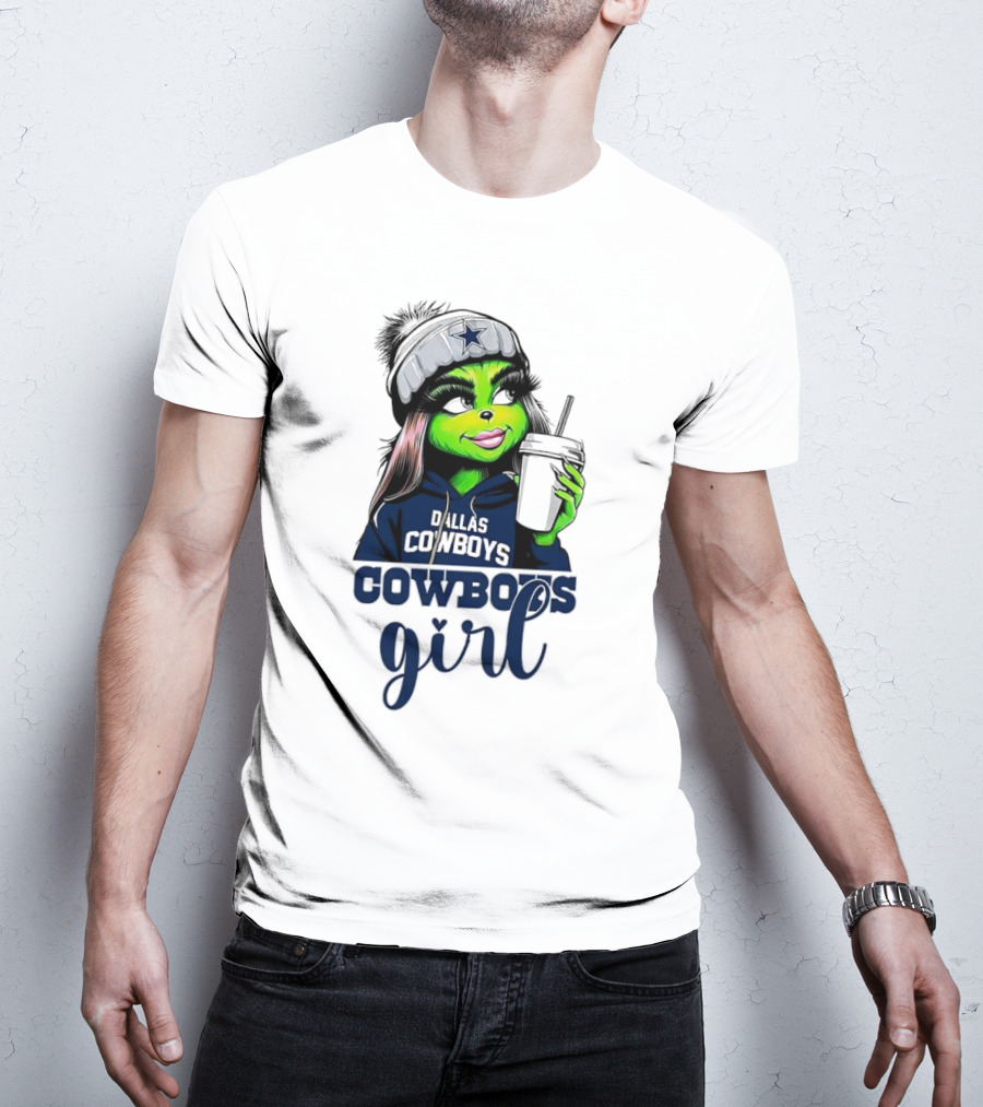 Grinch Dallas Cowboys Girl Drinking Coffee T-Shirt