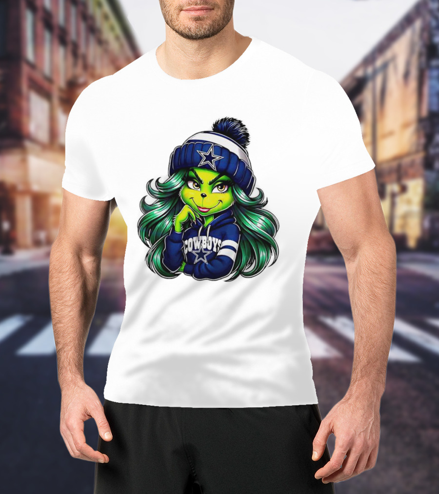 Grinch Girl In Dallas Cowboys Hat And Hoodie With Star T-Shirt