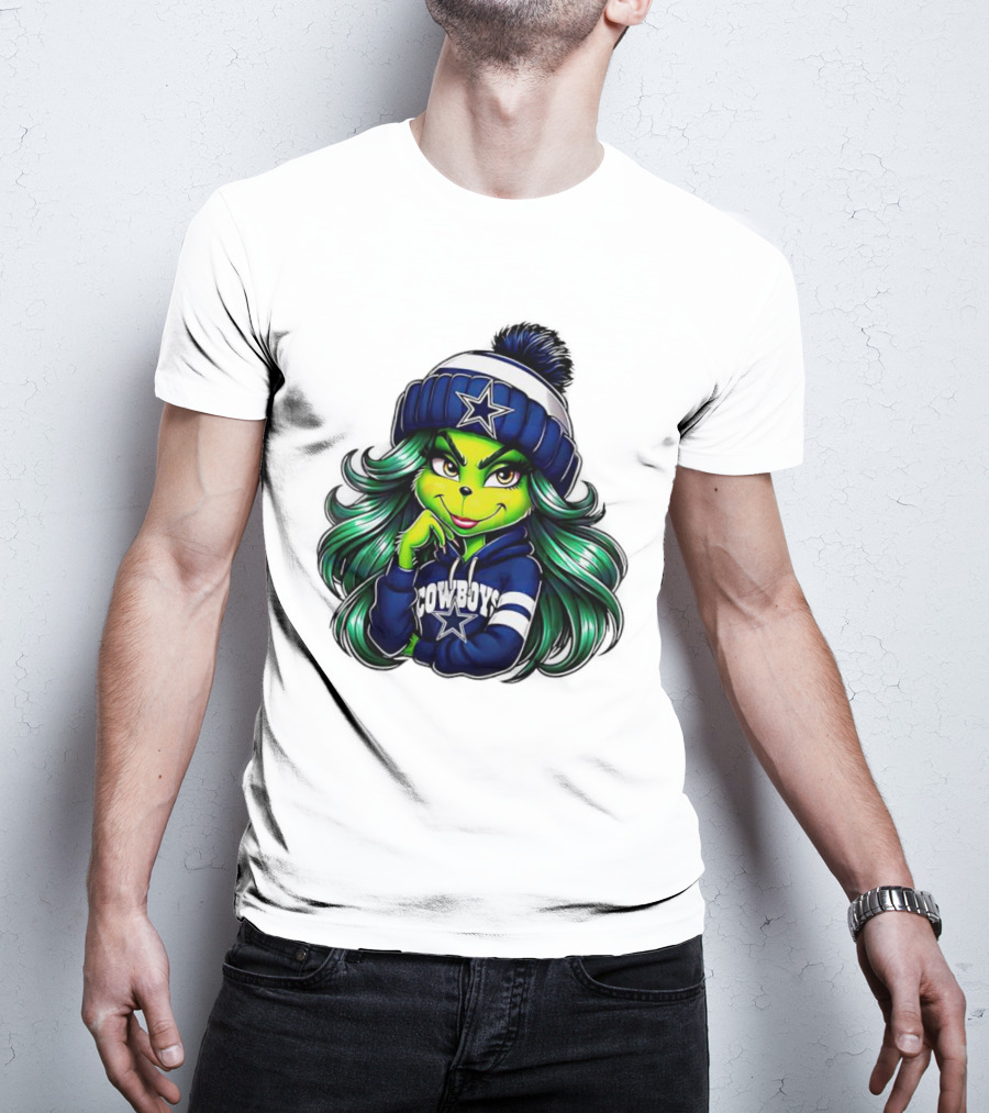 Grinch Girl In Dallas Cowboys Hat And Hoodie With Star T-Shirt