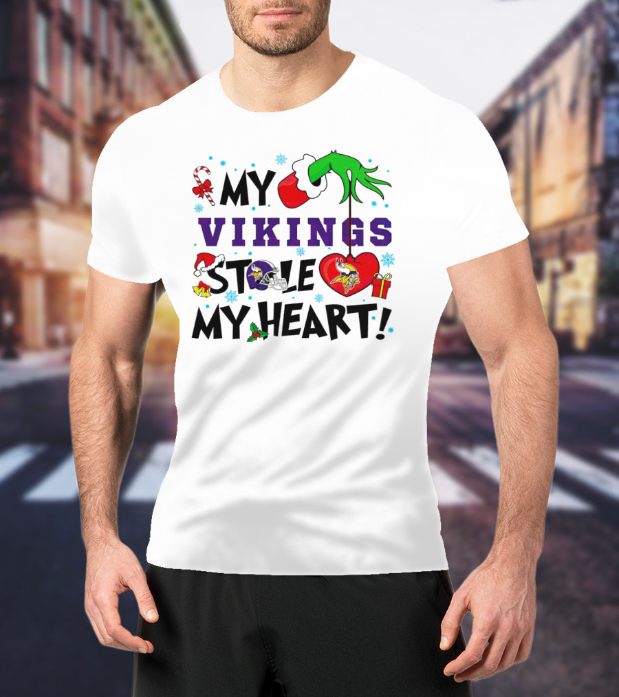 Grinch Hand Holding Heart My Vikings Stole My Heart Christmas T-Shirt