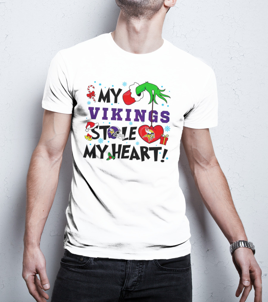 Grinch Hand Holding Heart My Vikings Stole My Heart Christmas T-Shirt