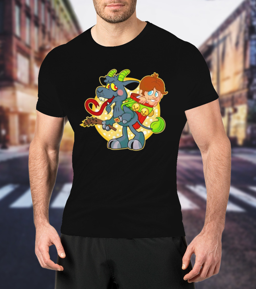 Krampus Rankin-Kramp Cartoon Goat With Red Backpack And Child T-Shirt