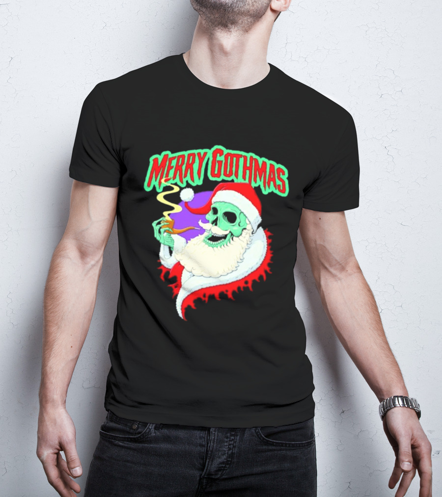 Merry Gothmas Skull Santa Smoking Holiday Greeting T-Shirt