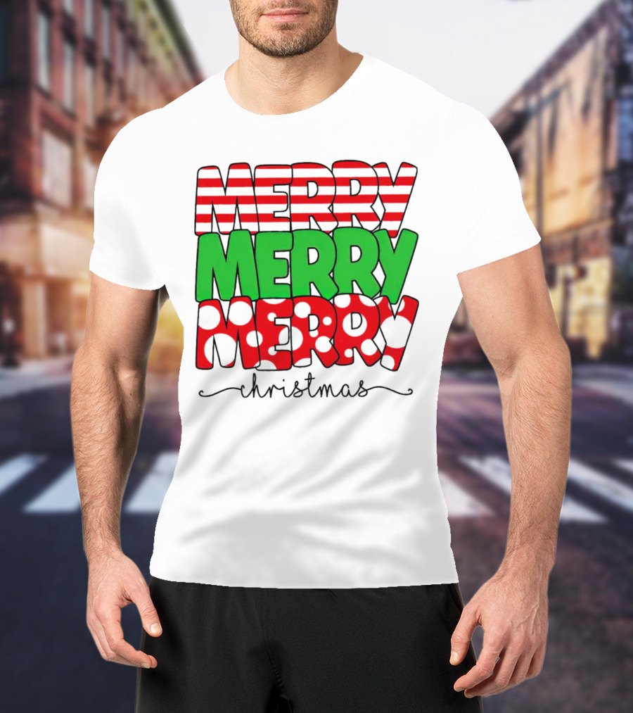 Merry Merry Merry Christmas Stripes And Polka Dots T-Shirt