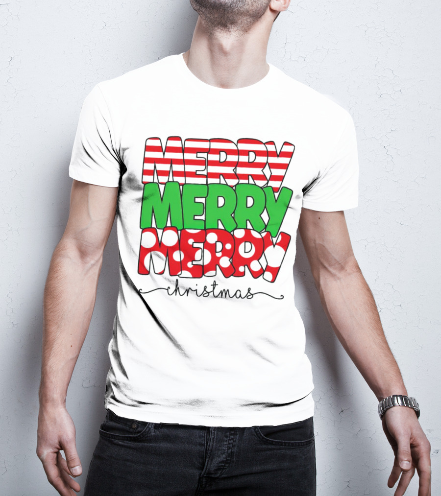 Merry Merry Merry Christmas Stripes And Polka Dots T-Shirt