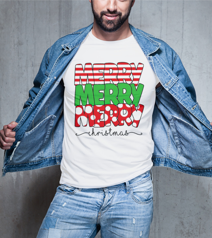 Merry Merry Merry Christmas Stripes And Polka Dots T-Shirt
