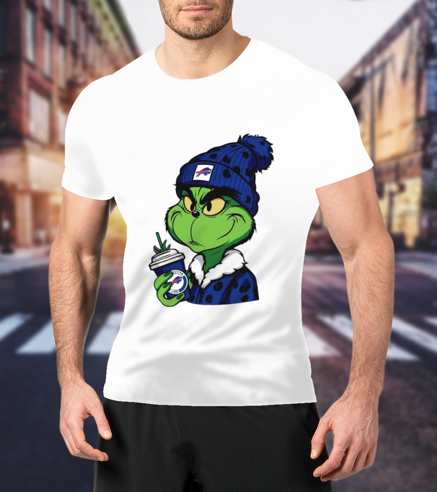 Grinch In Buffalo Bills Beanie Holding Logo Cup T-Shirt