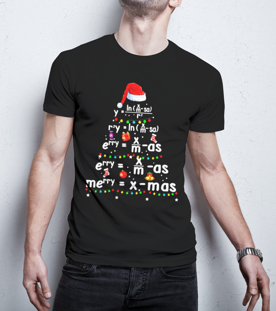 Merry Christmas Tree Math Equations In Santa Hat Form With Holiday Icons T-Shirt