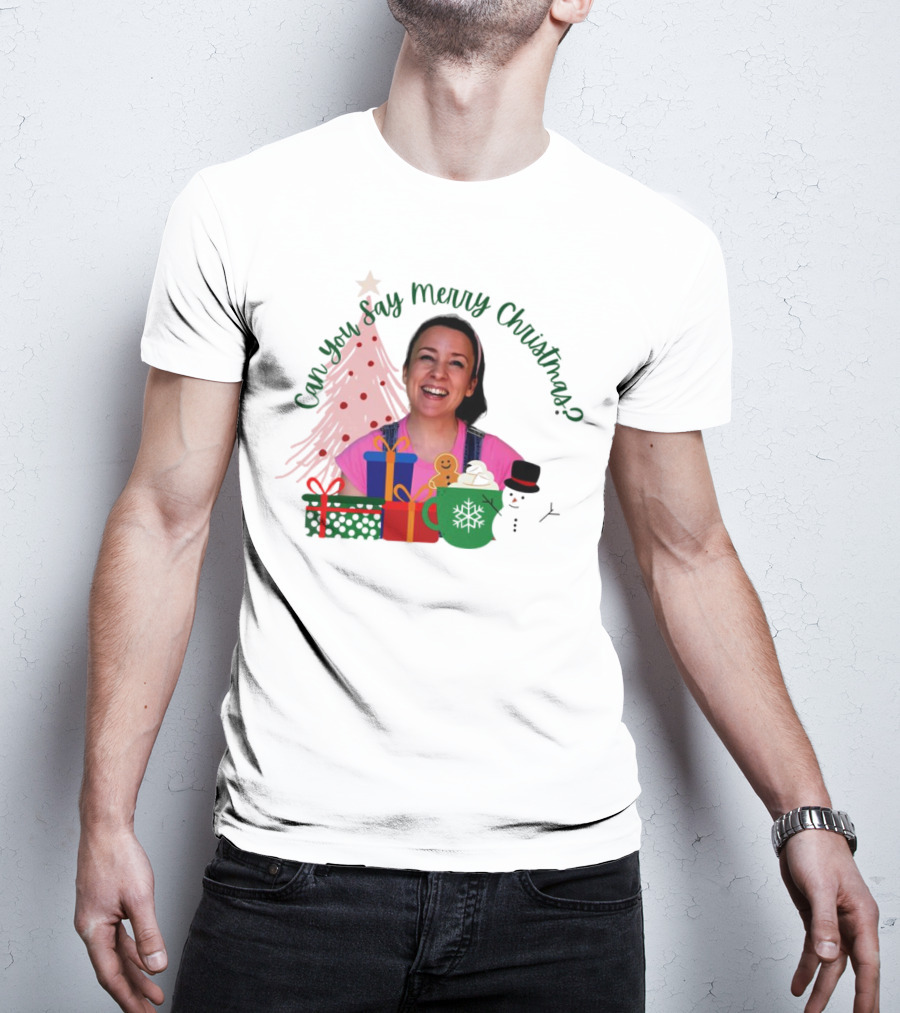 Miss Rachel Can You Say Merry Christmas Joyful Scene With Tree And Gifts T-Shirt