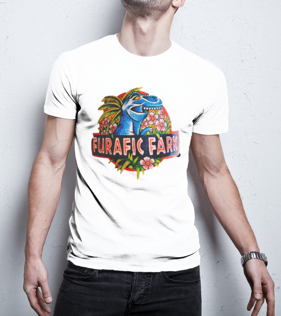 Furafic Fark Dinosaur With Tropical Flowers And Palm Leaves T-Shirt