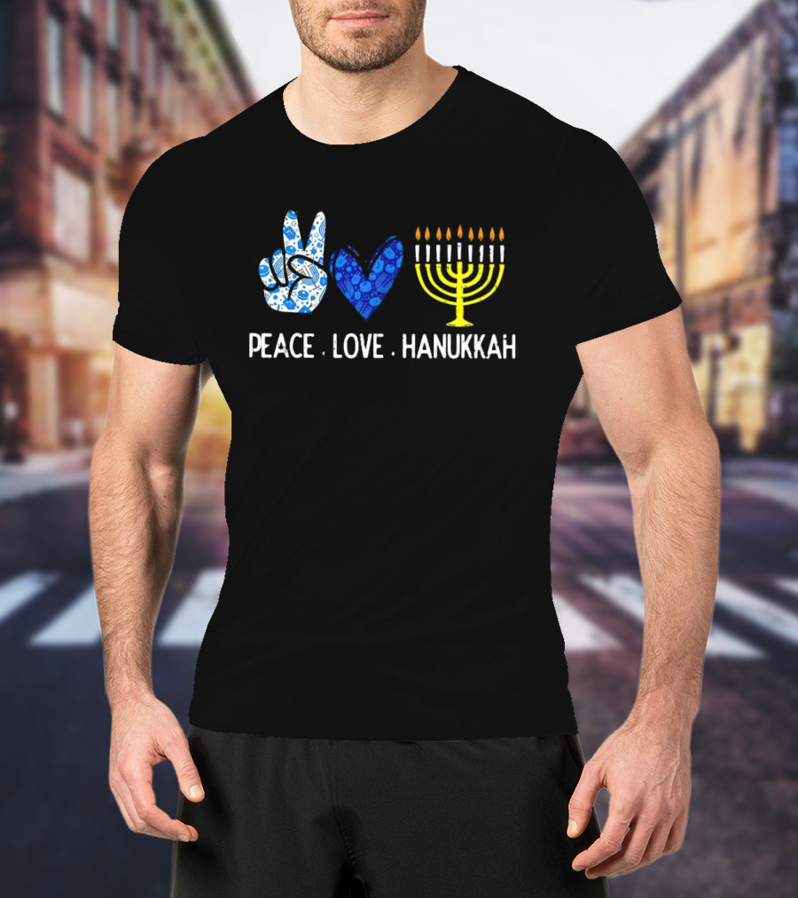 Peace Love Hanukkah Menorah Symbol Blue T-Shirt