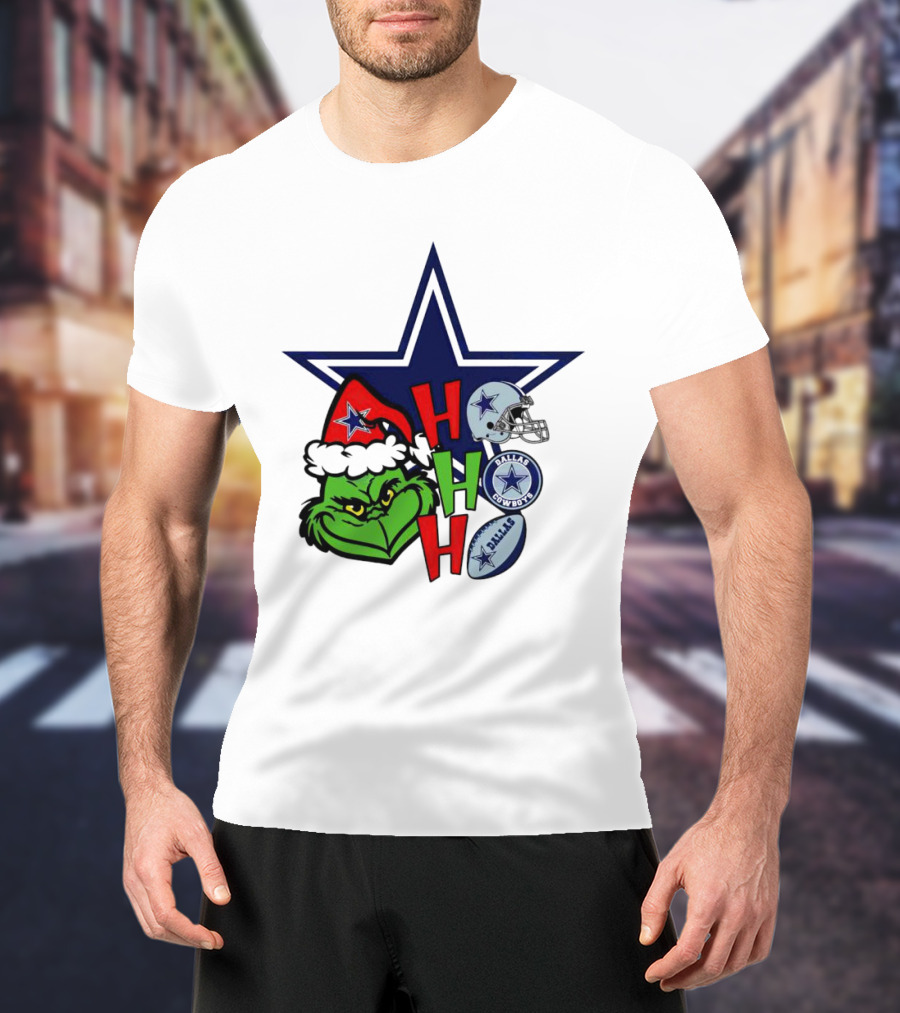 Santa Grinch Ho Ho Ho Dallas Cowboys Christmas Star Helmet T-Shirt