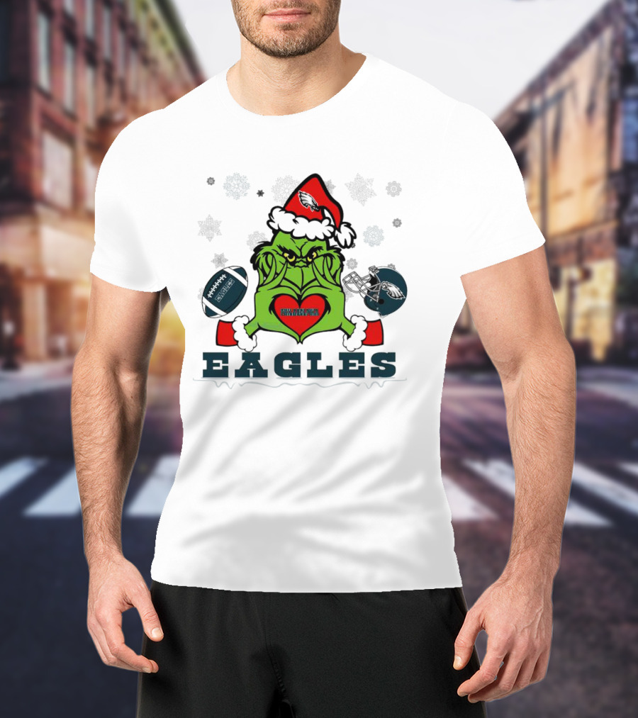 Grinch Santa Heart Philadelphia Eagles Christmas Football Helmet T-Shirt