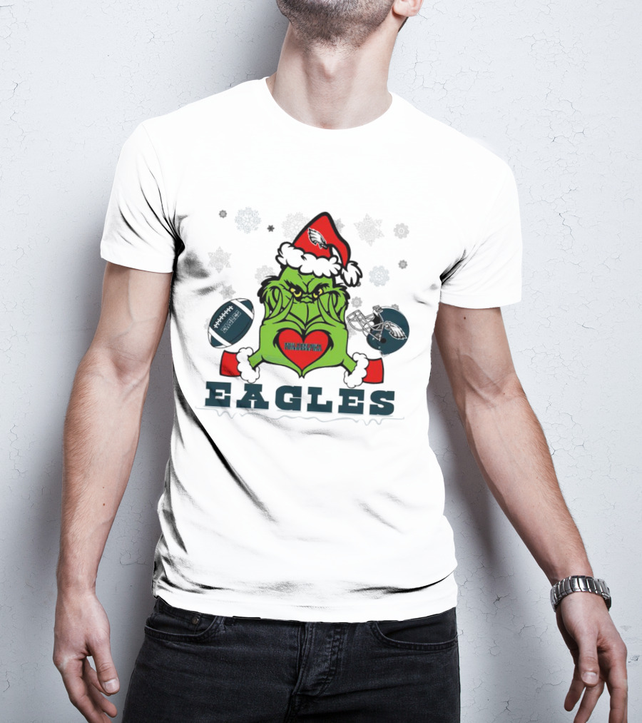 Grinch Santa Heart Philadelphia Eagles Christmas Football Helmet T-Shirt