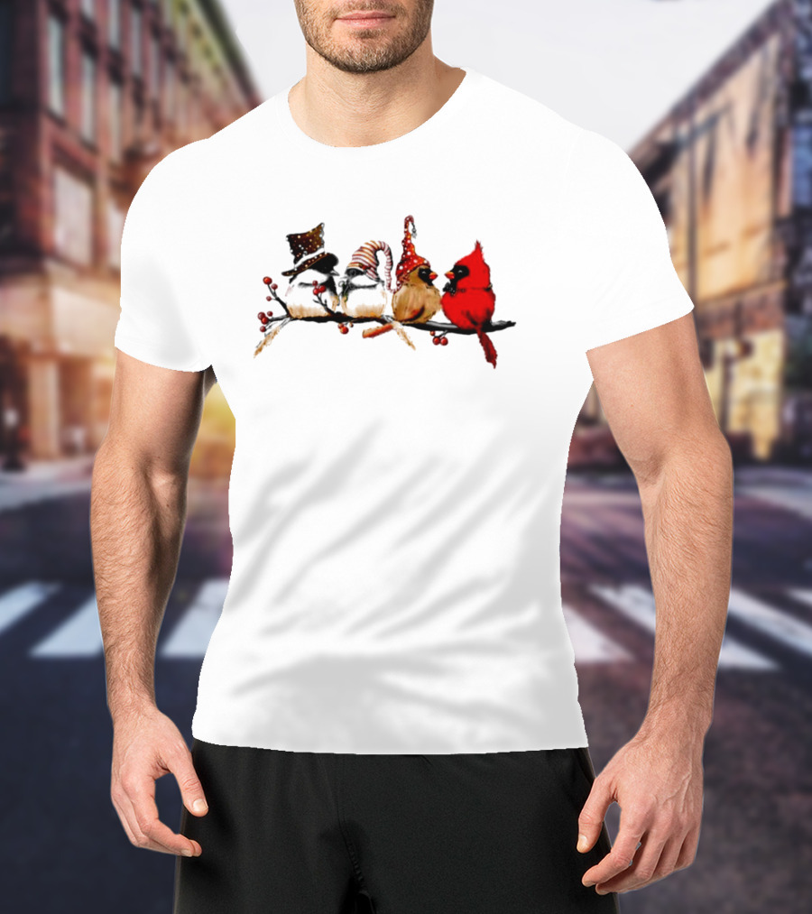 Cardinals And Chickadees On Festive Branch Merry Christmas T-Shirt