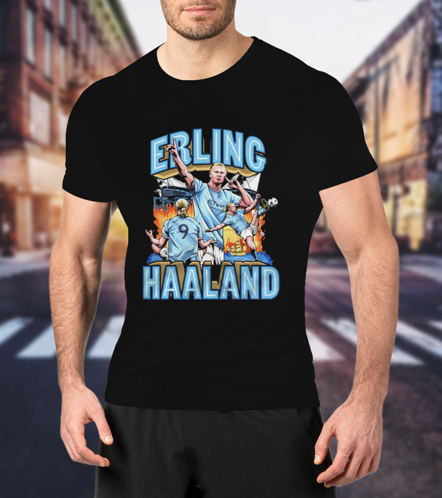Erling Haaland MCFC Soccer Collage With Fiery Stadium Background T-Shirt