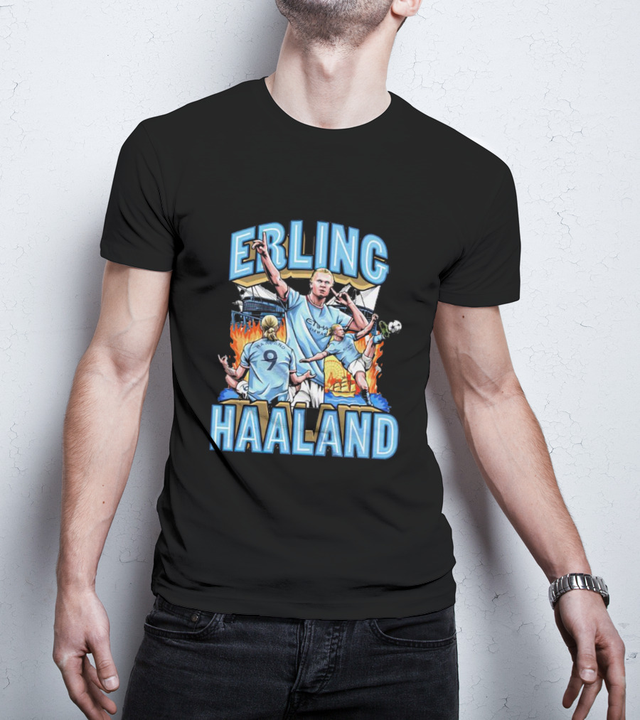 Erling Haaland MCFC Soccer Collage With Fiery Stadium Background T-Shirt