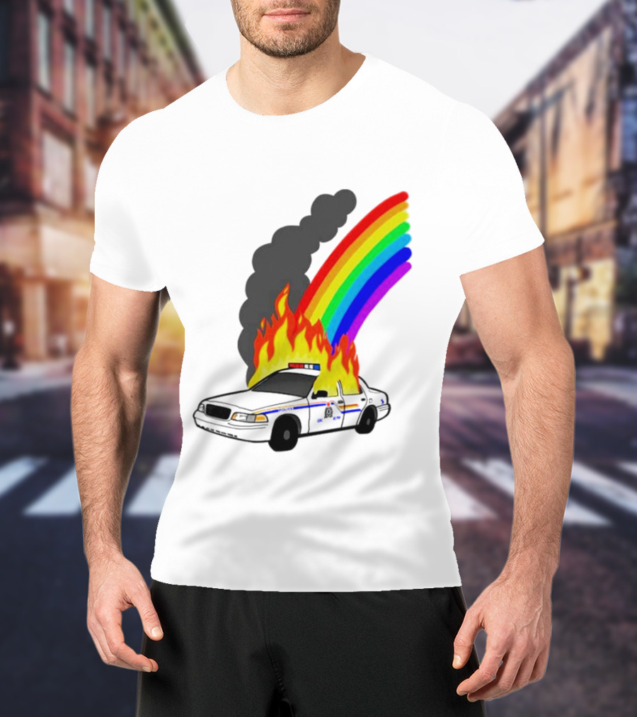 Police Car On Fire With Rainbow Flames T-Shirt