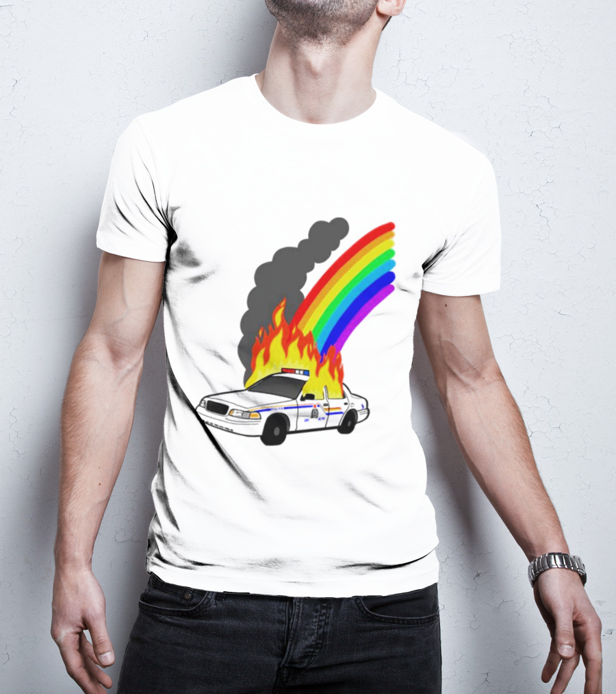 Police Car On Fire With Rainbow Flames T-Shirt