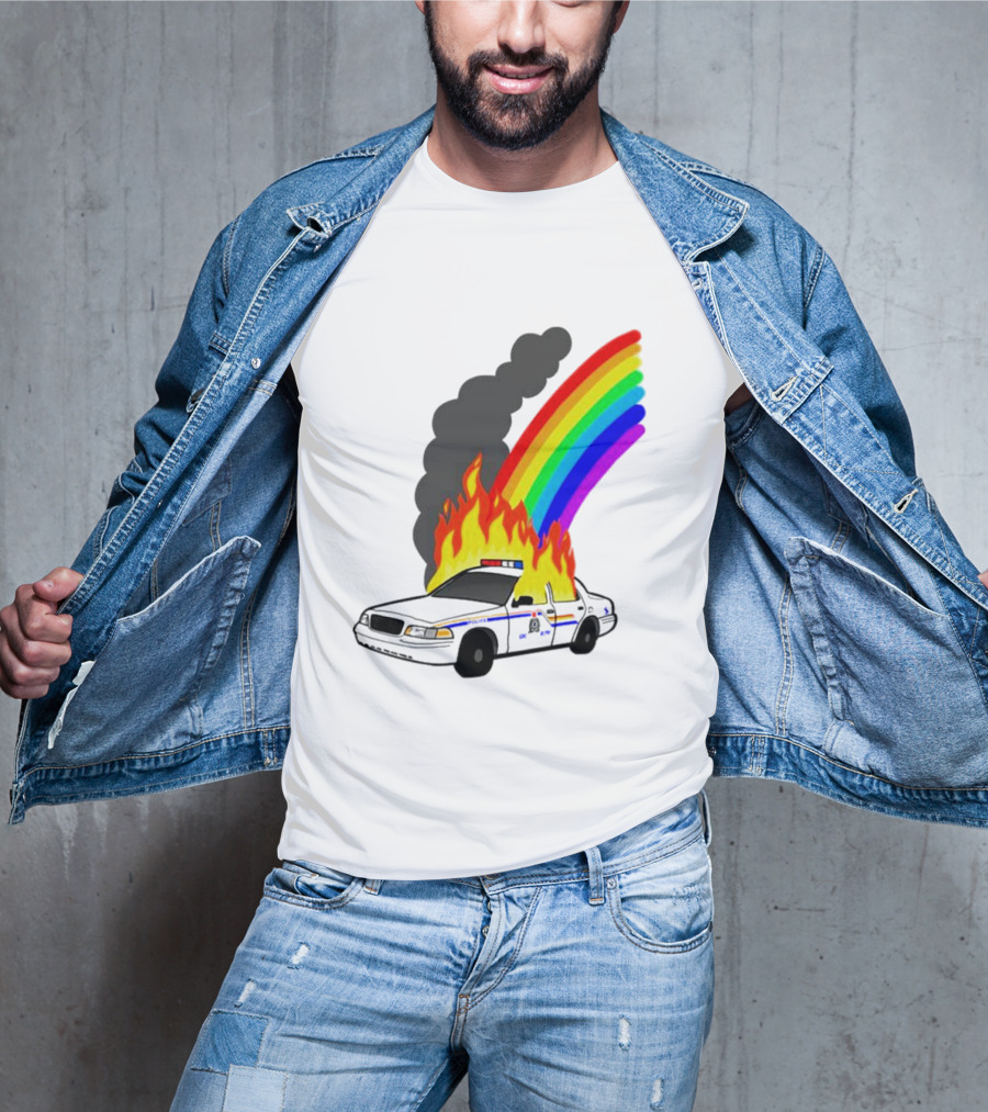 Police Car On Fire With Rainbow Flames T-Shirt